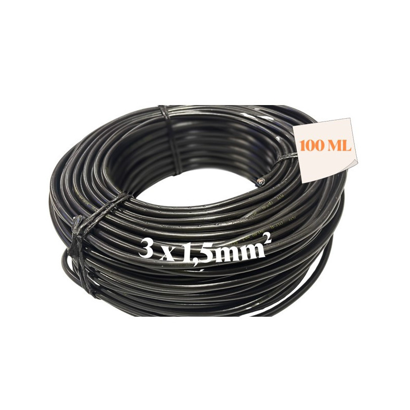 I852720C100 - CABLE ELECTRIQUE / FIL 3x1,5 mm Noir (100m)  Rouleau : 100M de câble électrique 3x1.5mm², fil souple Noir